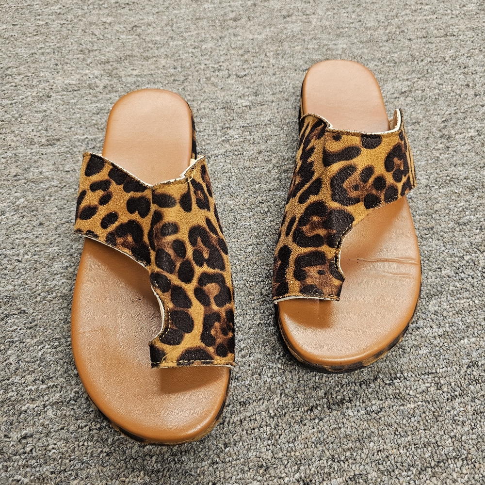 Leopard Print Leather Slide Sandals - Women's Brown Size 8 - Picture 2 of 3